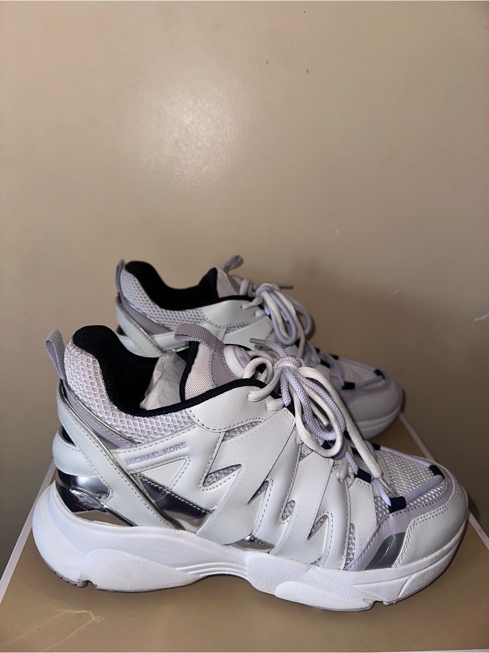 Michael Kors White and Light Lavender Chunky Sneakers - Picture 3 of 6